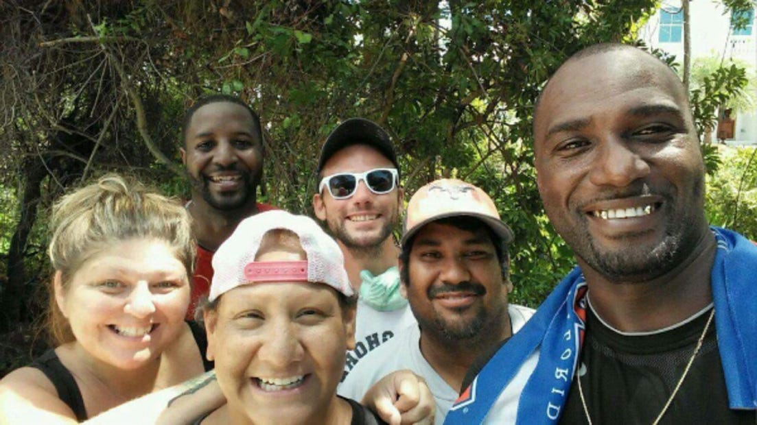 Otero Construction's second chance work program helps people with addictions, homelessness or previous arrests get construction jobs. Otero employees are pictured recently in Crestview. Back row, from left: Vernon Smith of DeFuniak Springs and Trace Cates of Ocean Springs, Mississippi. Front row: Rosemary Despain of Clearwater, Kansas; Helene Otero of Chicago, Illinois; Raul Otero Jr. from Holcomb, Kansas; and Vernon Jones of DeFuniak Springs. (Special to the News Bulletin)