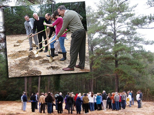 Niceville United Methodist Church clergy and officials break ground for the church’s new north Crestview campus off Old Bethel Road. From left are Pensacola District Superintendent, the Rev. Dr. Jeremy Pridgeon; building committee chairman Al Niedbalski; the Rev. Greg McKinnon; Carrie Burnett, with her daughter Kaia; and the Rev. Rurel Ausley.