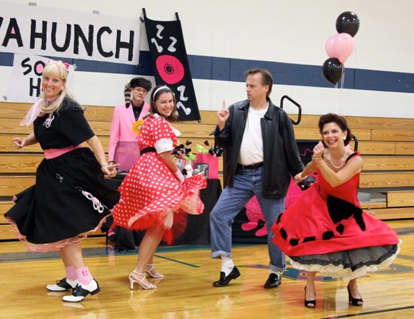 Act 4 Murder's presentation of "Bebopped at the Sock Hop" will benefit Life Tabernacle Church of Crestview. Characters Patsy DeCline (Heidi Best-Swift), Barry Contrary (Chris Manson), Lilly White (Karen Monroe), Melvin Delvis (Ken Olson) and Mae Chest (Mary Ann Troiano) are pictured. (MICHAEL LOFTIS | Special to the News Bulletin)