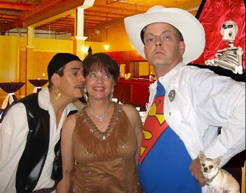 The characters from "Mayhem at the Monster Bash" include, from left, Conner Crump (Joe Chase), Ivana Crump (Kay Yarbrough), Clark Crump (Chris Manson), Mr. Bones and Chablis the Wonder Dog. (PAULA HILTON | Special to the News Bulletin)