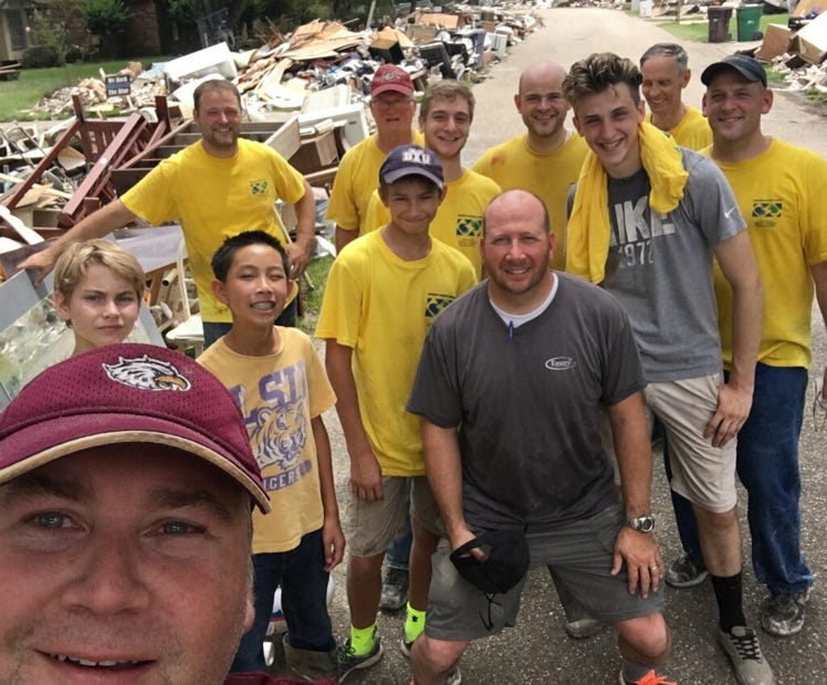 Mike Roberts of Crestview and some of his family members were among those participating in a Church of Jesus Christ of Latter-day Saints mission trip to aid residents affected by the floods in Louisiana. Pictured in the front row, from left, are Craig Miller, Christian Wandseard, Belden Roberts, Lowell Morris, Dakota Bamiano and Mike Roberts. Second row: Daniel Roberts, Richard Price, Ryan Porazzo, Scott Roberts and Charles Perry. (Special to the News Bulletin)