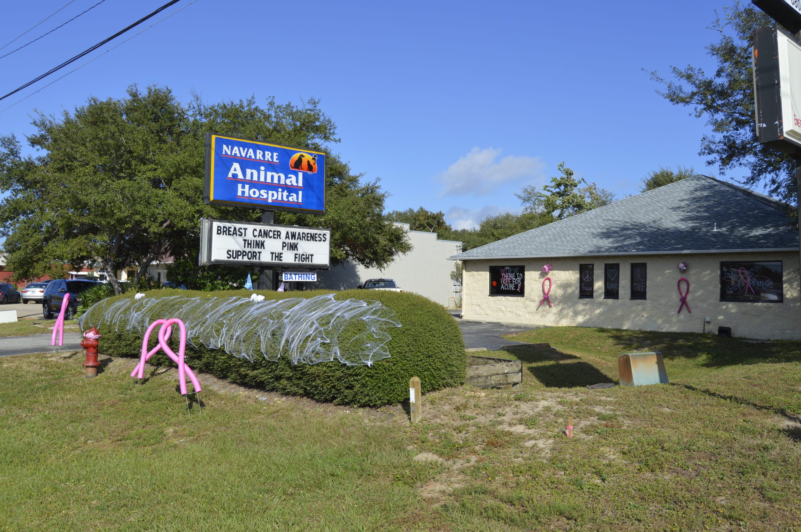 Navarre Animal Hospital features plenty of pink ribbons to raise breast cancer awareness. (MATT BROWN|Press Gazette)