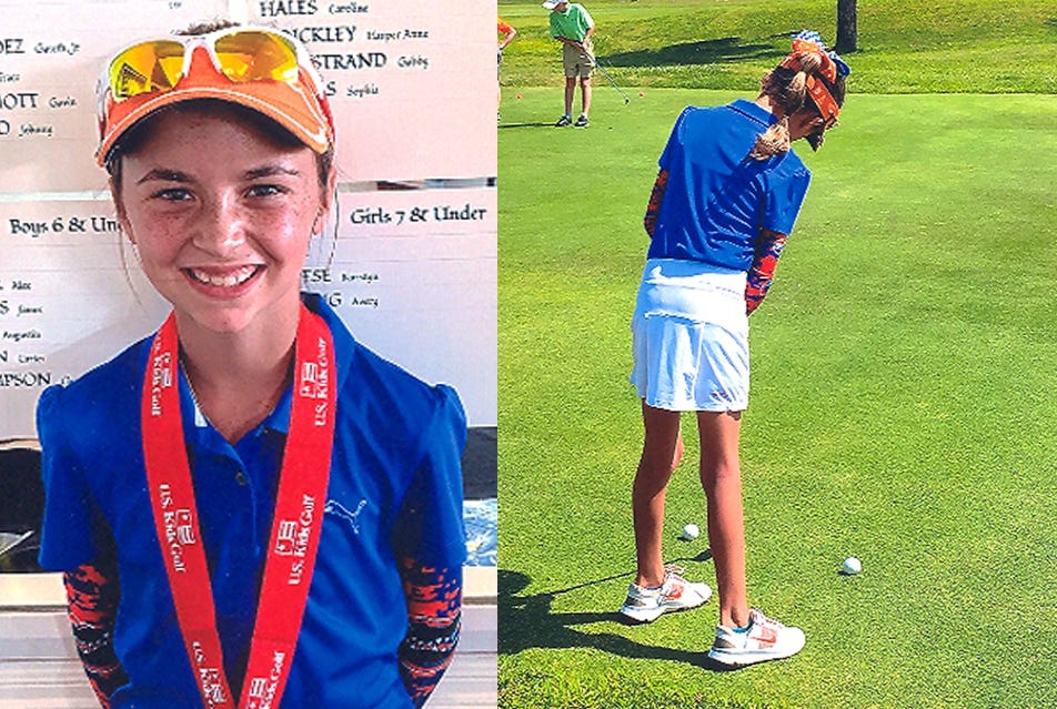 Gracie Grant practices on the putting green before the U.S. Kids Golf Tournament Sept. 25 in Gulfport, Mississippi. She placed second with a score of 39. (Photos special to the News Bulletin)