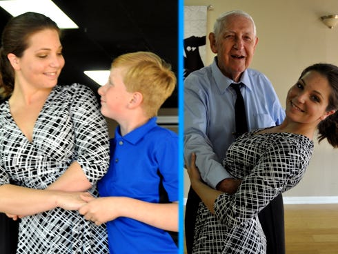 Right: Fred Astaire Dance Studio instructor Hannah Kania waltzes with Maurice "Sully" Sullivan, 87, of Crestview. Sullivan is among more than 30 amateur and professional dancers performing in Saturday's Dance for Life at Crestview High School. 
Left: Bob Sikes Elementary School student Zachary Mann, 10 — practicing with his instructor, Kania — is another featured performer in the Covenant Hospice benefit.