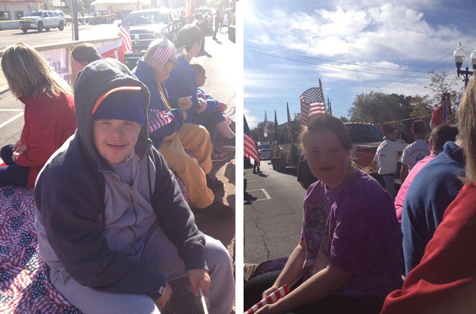 HEROES Express Inc., clients Kyle Grice, left, and Anna Klemosky take a moment for a photo before the Veterans Day parade Nov. 11 in Crestview. Special to the News Bulletin