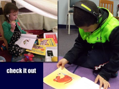 LEFT: Ava Henson, 3, enjoys a cracker and a Playaway bookpack in her makeshift fort. Her parents are Crestview residents Bryan and Kelly Henson, of Crestview. RIGHT: Jaylen Clark, 7, of Crestview, enjoys a Playaway bookpack in the Crestview Public Library's Story Room. Each bookpack has an audio player loaded with content that corresponds with paperback books.