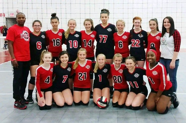 Club Challengers 13U (in red) and 14U (in black) players are pictured with their coaches. Top row, from left: 13U Coach Danny Sealy, Abby Williams, Keylah Dodson, Lauren Adams, Sydney Lewis, Aliyah Palmer, Riley Bowles, Carrie McNeil, Taylor Teboe and 14U Coach Kahley Wibben. Bottom row, from left: Brooke Browne, Gianna Donofro, Kadence Gray, Stella Hurley, Brenna Duncan, Lexi Morrill, and Briana Sealy. [Special to the News Bulletin]