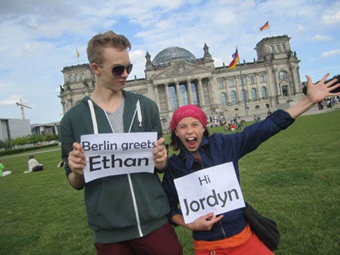 Jonah Fischer and his sister Lilli send greetings to their Crestview friends Ethan Sparagowski and Jordyn Barnes in front of Berlin’s landmark Reichstag, where the German parliament meets today.