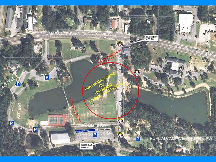 This aerial view of Twin Hills Park shows parking and fireworks viewing areas for Friday's Independence Day celebration. Activities begin at 5:30 p.m.; fireworks will fly around 9 p.m.