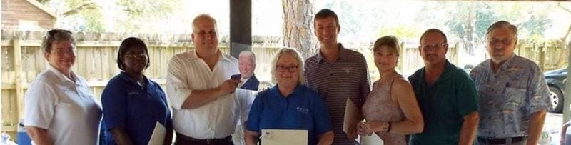 Kiwanis Club of Crestview officers for 2016-2017 are pictured at the John McMahon Environmental Center. From left are Betsy Roy, secretary-treasurer; Adrienne McKinnie, director; Donald David, incoming District 1 lieutenant governor; Gaile Brooke, director; Destin Cobb, president; Yvonne Shanklin, past president; Jeff Morgan, president-elect; and Jimmy Lundy, director. Officers not pictured are Fletcher Williams Jr. and Karen Donaldson, directors. (Special to the News Bulletin)