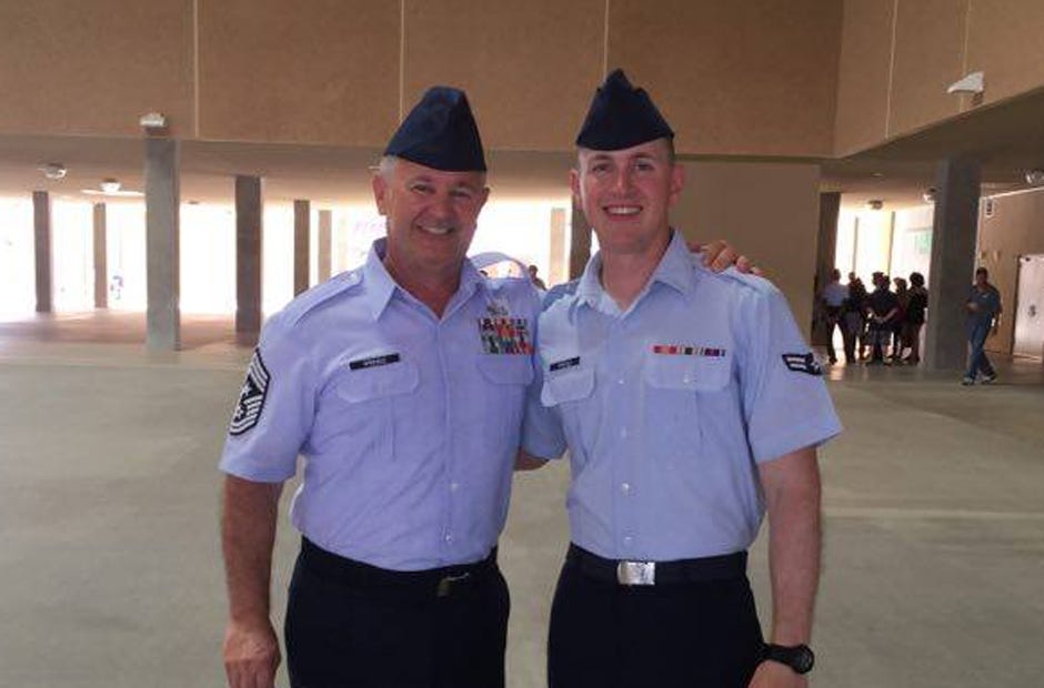 US Air Force Airman 1st Class Chris Speegle and his dad, Michael Speegle of Crestview, are pictured July 1, 2016 in San Antonio,Texas. Michael Speegle is a retired command chief master sergeant. Special to the News Bulletin