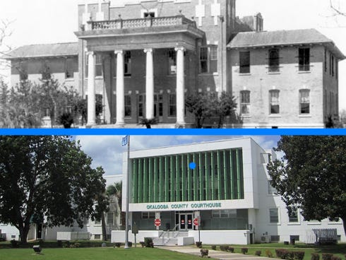 Above: Crestview's Historic Preservation Board members request that the new courthouse feature architecture similar to Okaloosa County's 1918, traditional-style Southern courthouse.
Below: The 1950s Crestview courthouse is slated for demolition following Okaloosa County commissioners' 4-1 decision to build a $21 million courthouse on the site.