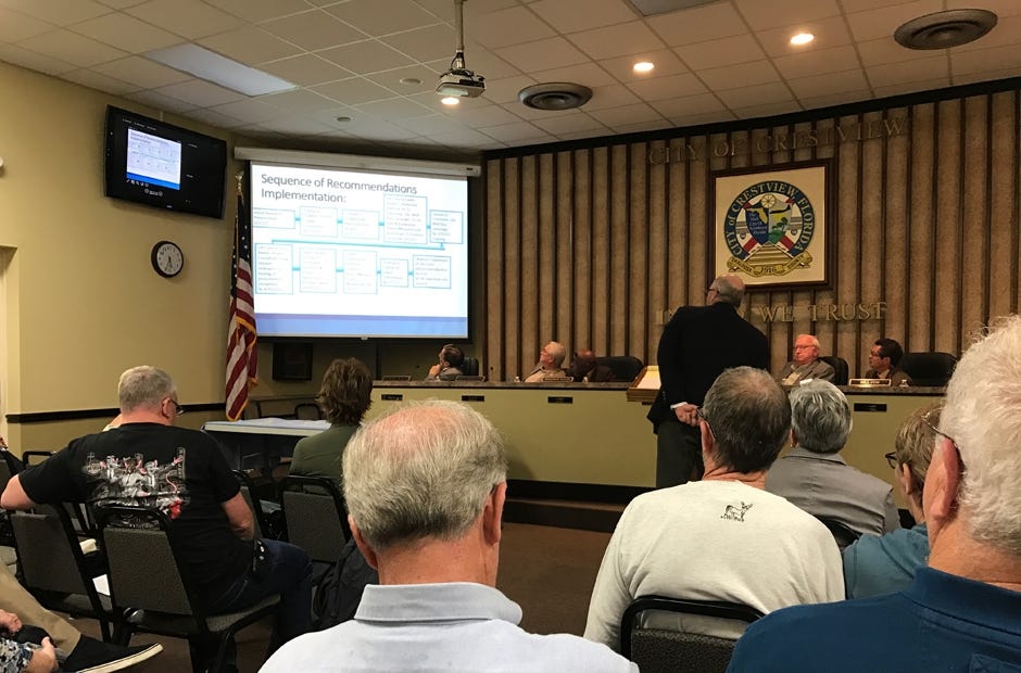 Larry Harris of Mason-Dixon Polling and Research lays out a recommendations timeline after conducting research on Crestview's city structure. [MARK JUDSON/NEWS BULLETIN]