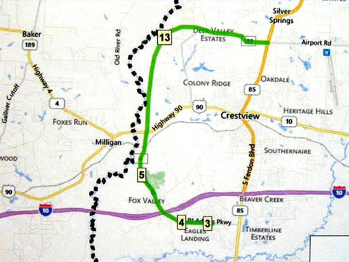 The Okaloosa-Walton Transportation Planning Organization’s draft fiscal year 2016-2020 project priorities map shows the P.J. Adams Parkway-Antioch Road corridor ranked third, fourth and fifth, with continuation of the corridor to Old Bethel Road ranked 35th.