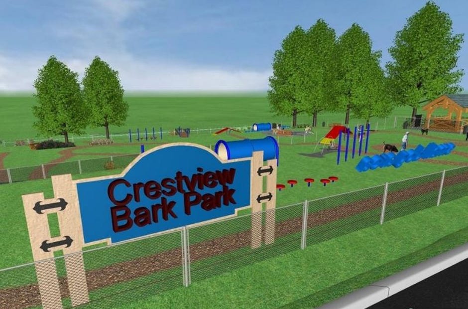 A concept graphic of the Crestview Bark Park shows several pieces of equipment for both humans and dogs. [FILE GRAPHIC]