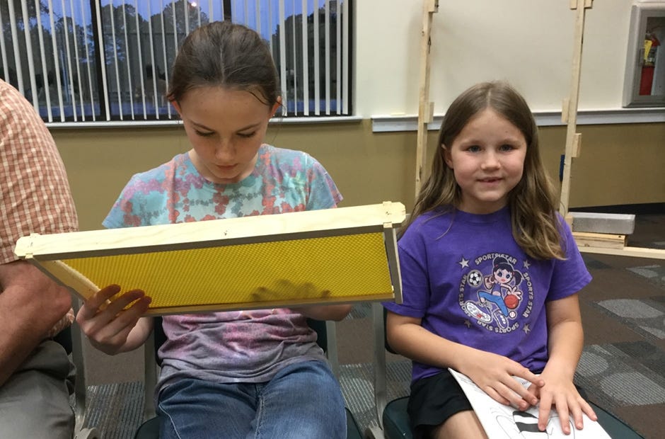 Heidi Hammond (left), 10, examines a hive foundation. She and Jedah Hammond, 8, of Baker attended a beekeeping basics program March 21 at the Crestview Public Library. [Special to the News Bulletin]