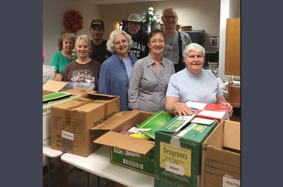 The Friends of the Crestview Library met recently in Crestview to sort books for the March 31 and April 1 book sale. Back row, from left: Louis Molina, Mickey Frabott and Mike Martell. Front row: Wanda Fogle, Lois Molina, Ruby Frabott, Sandy Hoppe and chairman Dot Moxcey. [Special to the News Bulletin]