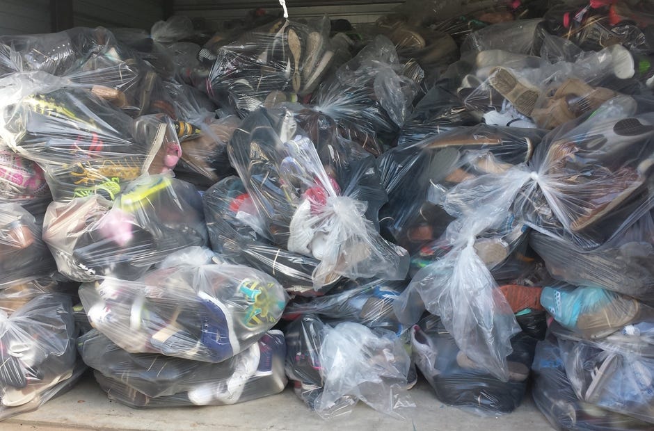 The 74 bags of shoes were delivered to a group in Eufaula, Alabama, after Linda and Larry Tuggle made their ministry goal. [Special to the News Bulletin]