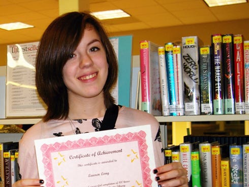 Lauren Long, a Crestview resident, served 100 hours as a student volunteer at the Destin Library. The accomplishment "has been achieved by only 1 percent of the 200-plus students who have provided community service to the library since 2003," said Will Rogers, Destin's Reference and Youth Services librarian.