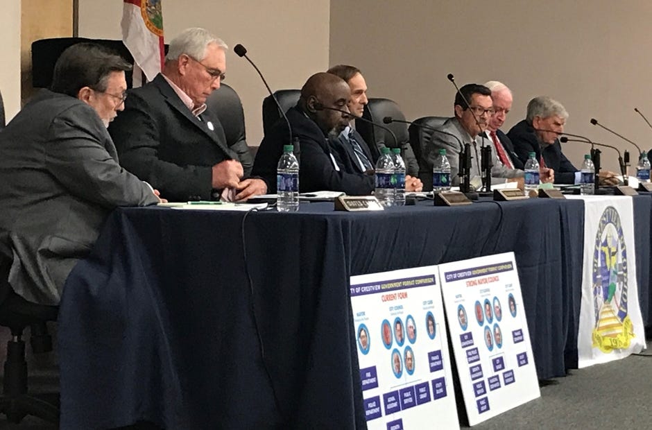 Mayor David Cadle and City Council sit beside signs depicting the current government structure. This structure could change if voters decide for reform. [MARK JUDSON/NEWS BULLETIN]