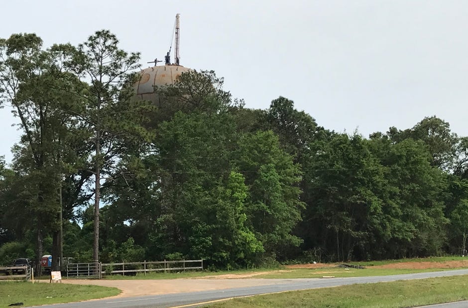 This water tower, hidden behind trees at Crestview Nurseries, overlooks State Road 85. [MARK JUDSON/NEWS BULLETIN]
