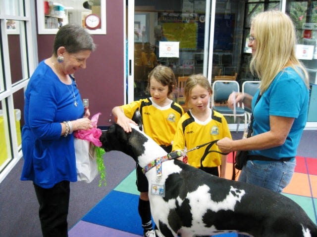 Assisted by sisters Vivian and Violet Content, 6 and 7, Friends of the Crestview Library President Rae Schwartz presents Dozer the therapy dog and his mistress, Angie Nousiainen, a gift appreciation for the duo’s efforts toward child literacy.