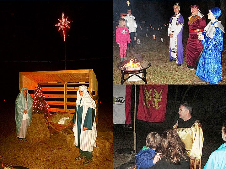 Clockwise from left: Following their “journey to Bethlehem” along luminaria-lit paths, visitors to the Laurel Hill Living Nativity encounter Mary, Joseph and the baby Jesus; the three kings; and wily King Herod, among other biblical figures from the nativity story.
