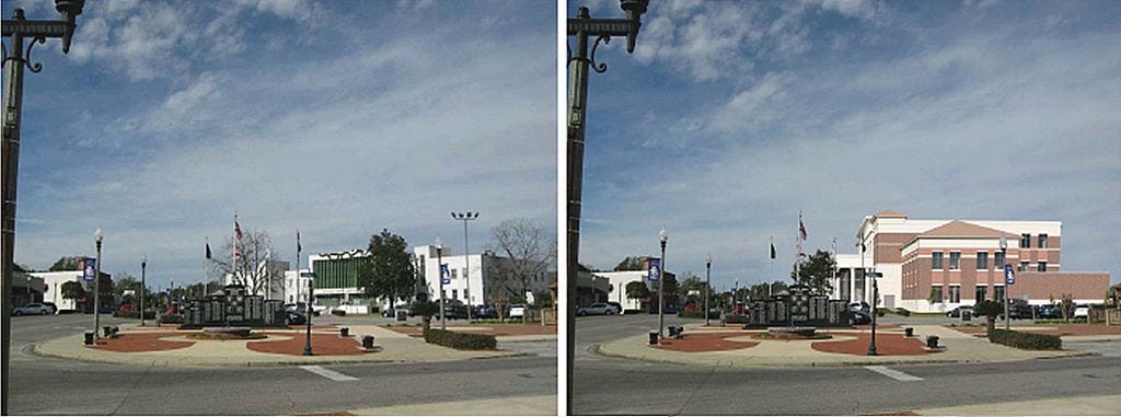 These views show the current view of the Okaloosa County courthouse from Main Street at Courthouse Terrace, left, and how the new courthouse will be seen when approached from the south.