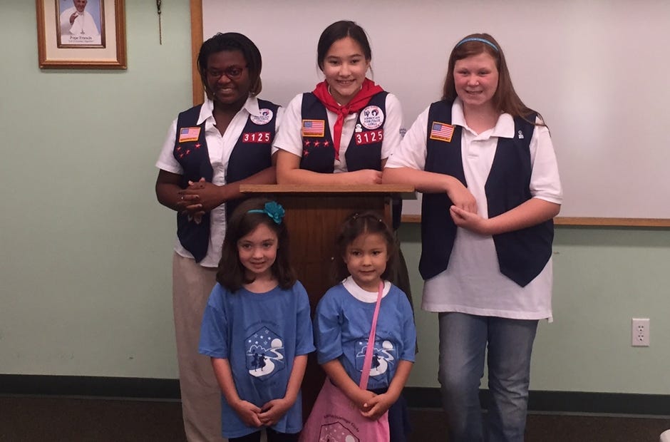 These American Heritage Girls Crestview troop members earned awards and badges May 21. Taylor Smith, Miriam Ho and Alyssa Smith (back row, from left) each won a Lewis & Clark award for the highest level of skill and service at the Explorer (fourth through sixth grade) level. Faith Mayor and Sarah Ho (front, from left) received AHG Pathfinder level archery patches. [Special to the News Bulletin]