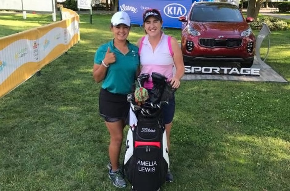 Alia Scotka of Crestview (left) stands with Jacksonville LPGA Tour player Amelia Lewis (right) the week of May 30 during the ShopRite LPGA Classic in Galloway, New Jersey. Scotka earned the guest invitation by winning the Hurricane Junior Golf Tour event in Orlando that Lewis sponsors. [Gina Lewis | Special to the News Bulletin]
