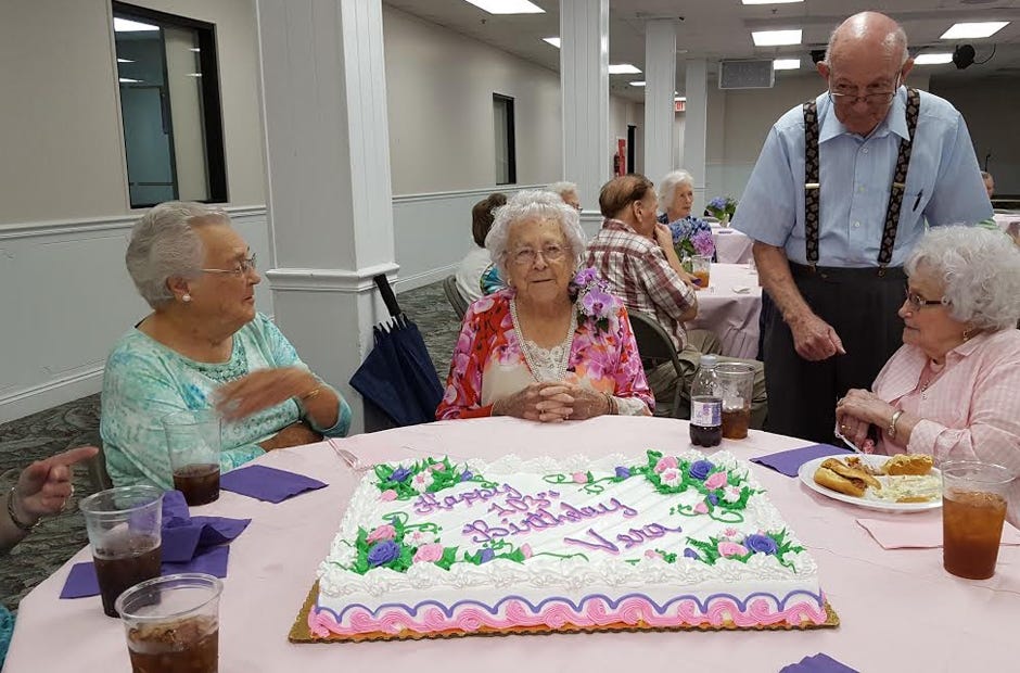 Sunday School class members at the First Baptist Church of Crestview also had a lunch and reception for Vera Owen's birthday recently. From left are her sister, Evelyn Grant, Owen, Vera Owen's son Jim, and his wife, Nell. [Special to the News Bulletin]