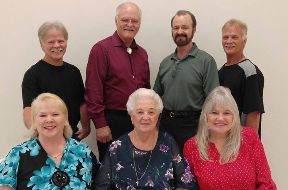 The Southland Singers have an upcoming Crestview concert. Members are (back row, from left) Jack Cunningham, Ken Hawkins, Ed White, Mike Cunningham, and (front, from left) Mary Earl, Betty Gibson and Sherryl Hardy. [Special to the News Bulletin]