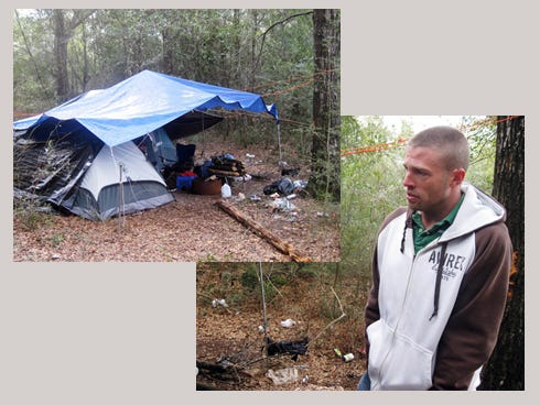 LEFT: A homeless man, Daniel, lives in this tent camp with another homeless man while waiting for his application for low-cost housing to be processed. RIGHT: Resident James Rowley, pictured, chats with Daniel, a homeless man he met while investigating a tent camp in woods adjacent his subdivision. Daniel requested that he not be photographed.