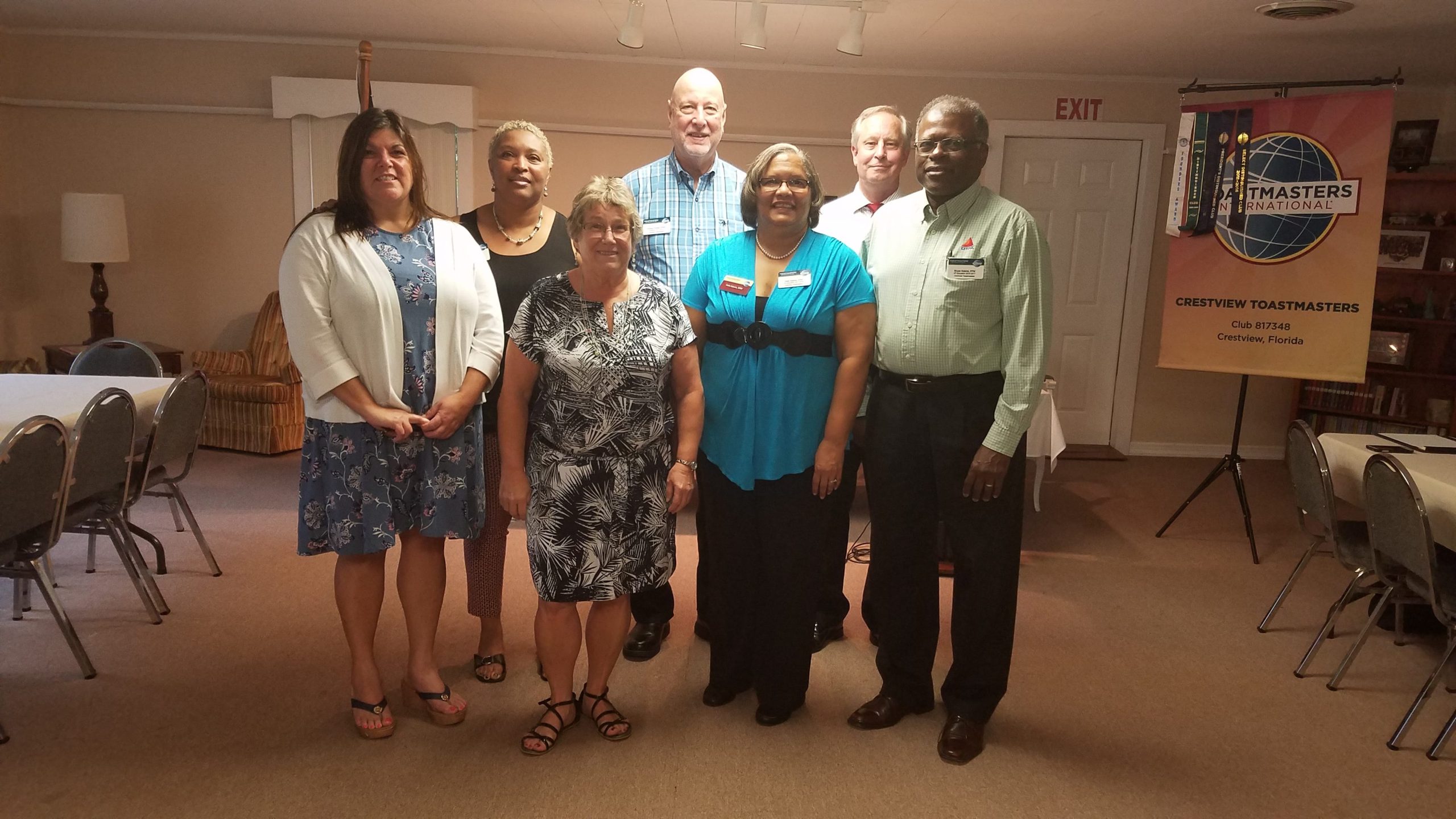 Crestview Toastmasters’ new officers are pictured with Randy Newman, TI’s Area 53 director. From left are Rhonda Rice, secretary; Karen Brown, president; Susan Morgan, vice president of membership; Richard Powell, treasurer; Patti Adams, vice president of education; Newman; and Bruce Adams, vice president of public relations. Shawn Ordway, sergeant at arms, is not pictured. [THOMAS BONI | News Bulletin]
