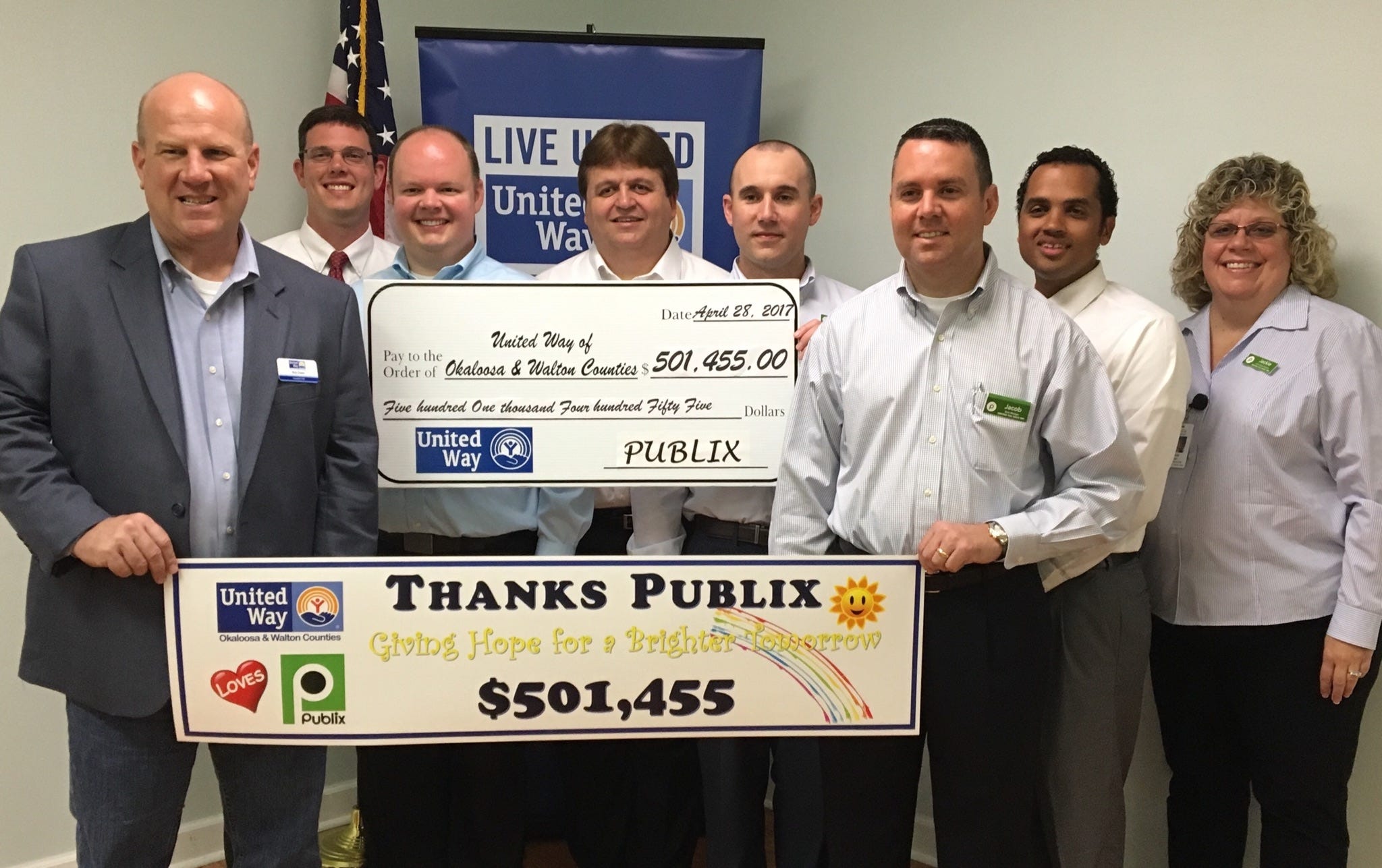 Pictured are Rick Owen, United Way CEO and president of United Way of Okaloosa and Walton Counties; Jamie Nichols, Charlie Kessler, Glenn Ward, Adam Jackson, Jacob Foreman, Adam Jett and Jackie Gouge, Publix district manager. [Special to the News Bulletin]