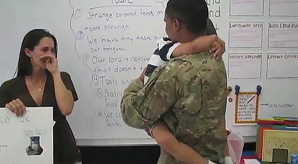 Pedro Massa Jr. wasn't expecting his father's return from Afghanistan and was pleasantly surprised when his dad walked into his Walker Elementary first-grade classroom.