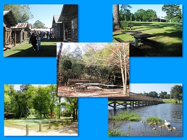 Spend a "Saturday in the Park" in one of these North Okaloosa County public parks: Top row, Baker Block Museum and Heritage Park, and Gene Clary Park in Laurel Hill; Middle, the McMahon Environmental Center in Crestview; and bottom row, Shoal River Wayside Park and Twin Hills Park in Crestview.