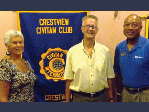 July 10 Civitan Club guest speaker CERT volunteer Robert Clisham, center, is joined by Dr. Jacque Hawkins, the Civitan Club's 2012-2013 Alabama-West Florida district governor, a club builder representing Enterprise, Ala., Civitans, and Jim Smith, the 2009-2010 ALWFD governor, a club builder representing Pensacola Civitans.