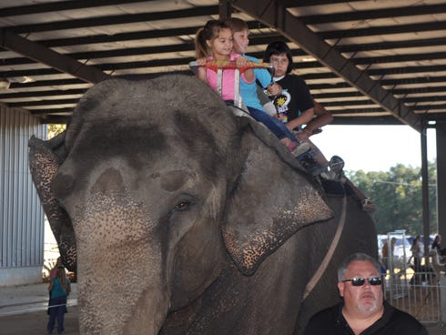 Kids ride an elephant during the intermission portion of the Loomis Bros. Circus.