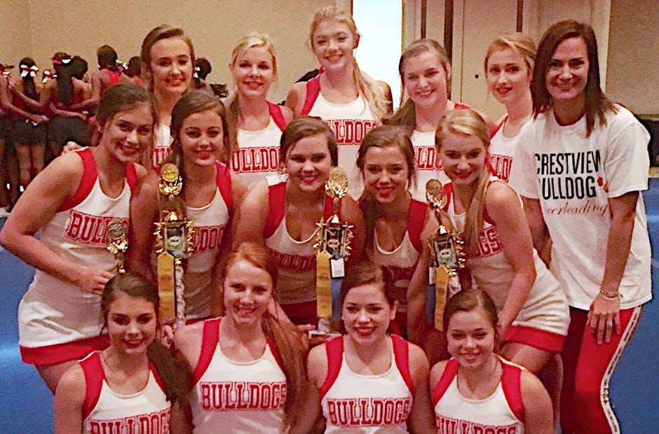 Crestview's varsity cheerleaders brought home several gold superior awards and three first-place ones from a Universal Cheerleaders Association camp July 23-26 in Destin. [Special to the News Bulletin]
