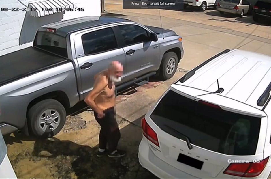 This screenshot shows the white male suspect who was captured on video before he defecated next to vehicles behind Joey the Jeweler's Aug. 22 in Crestview. [Special to the News Bulletin]