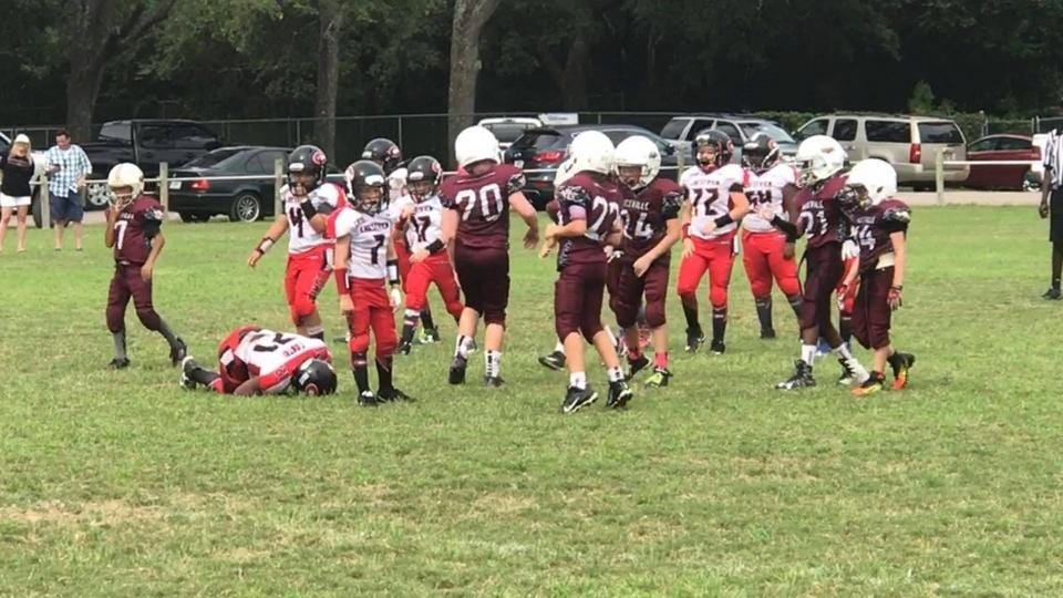 The 9-year-old player (left) down during an Aug. 26 game suffered a concussion. A parent's complaint over the game led to more than 250 players being suspended. [SPECIAL TO DAILY NEWS]