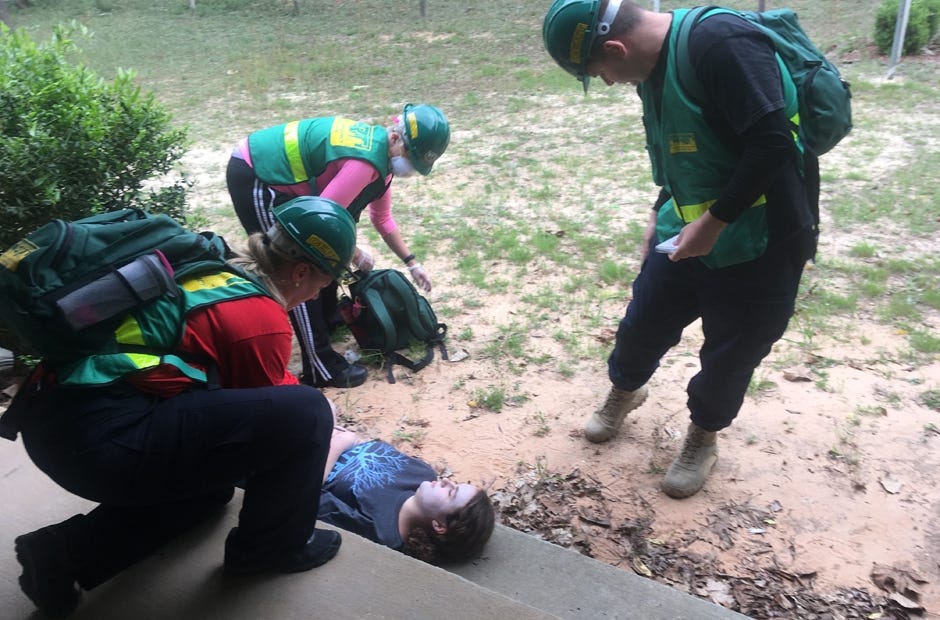 Students in the CERT Basic Course treat a volunteer "victim" during field exercises on the last day of training. [Cori Davis | Special to the News Bulletin]