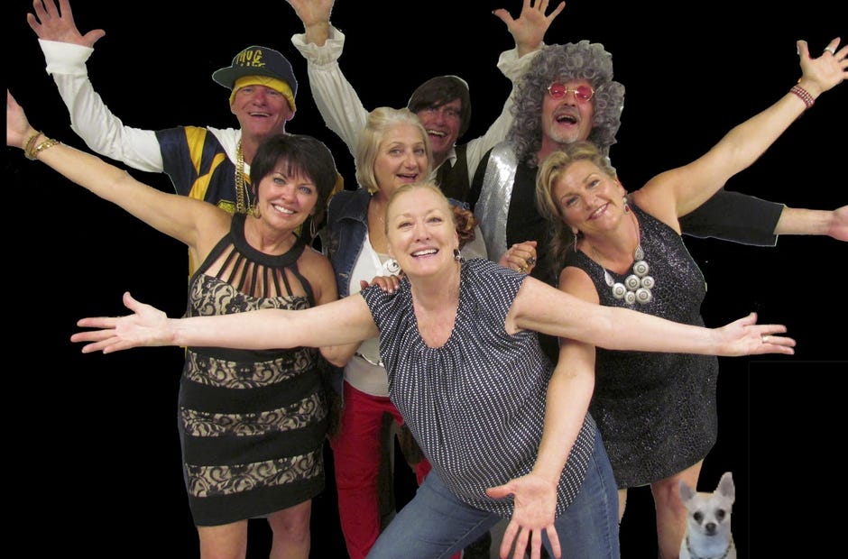 Characters from "A Medley for Murder" are pictured. Back row, from left: Justin Mind (actor David Smith); Slick Jagger (Joe Chase); and Nick "Red" Habanero (Chris Manson). Middle row, from left: Gwen Quinn (Sally Whitesell); Vicky Torious (Susan DeJesus); and Carrie Nation (Cynthia Bergquist). Playwright Paula Hilton and Chablis the Wonder Dog are in the front row. [Jessika Kelsh | Special to the News Bulletin]