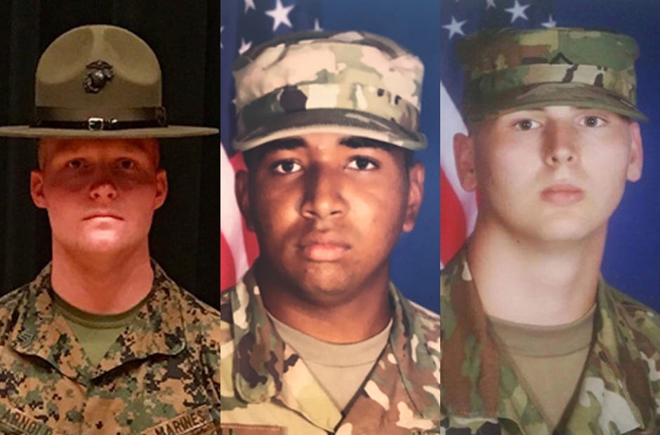 U.S. Marine Sgt. Jonathon Trent has completed drill instructor tranining and will soon be promoted. Private Anthony Bell (center) and Private 2nd Class Dakota Oriento, both of Crestview, recently completed U.S. Army basic training. [Special to the News Bulletin]