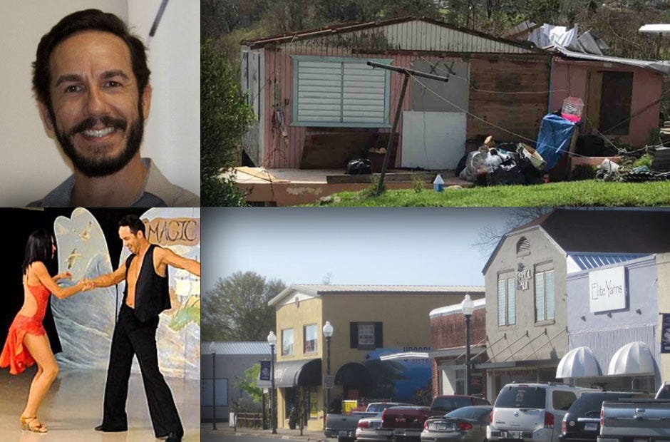 Clockwise, from left: Fred Astaire Crestview owner David Colon (file photo); the Puerto Rico home of Ismael Moreno and Fela Berrios (photo provided by the Moreno-Berrios family); downtown Crestview (file photo); and Erika Moreno and David Colon dancing (file photo)