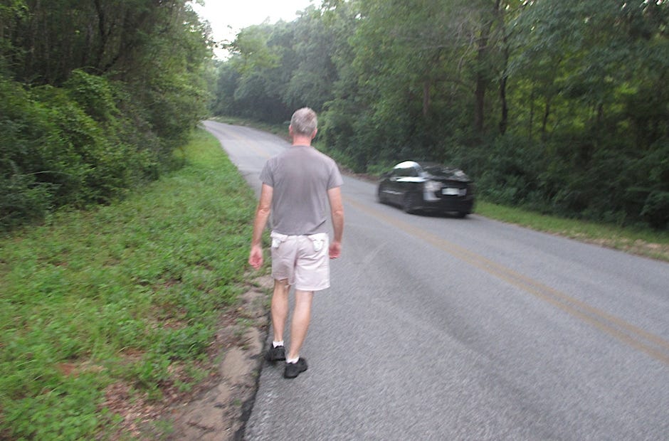 Walk facing traffic so you can see vehicles coming at you. Walkers should not be in the path of vehicles coming from behind you if there's no sidewalk. [BRIAN HUGHES | SPECIAL TO THE NEWS BULLETIN]