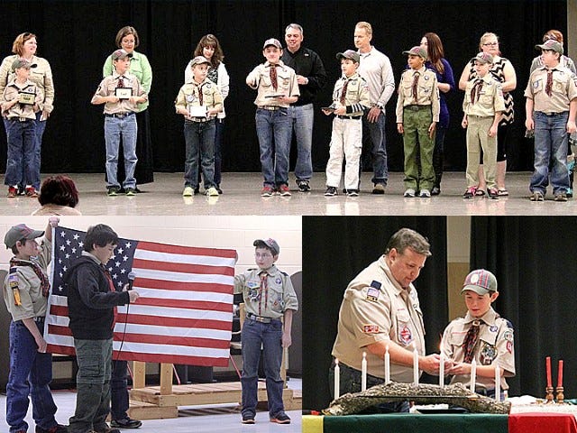 Clockwise from top, Having received their Arrow of Light Awards, Crestview Webelos Bruce Shambo, Ryan Rummelt, Dylan Nearbin, Scott Inness, Lucas Hunker, Rodney Butler, Zachery Bullard and Isaac Boyd of Cub Scout Pack 530 have "crossed over" to area Boy Scout troops. Nathan Stuckey is not pictured. Pack 530 senior Webelos den leader Joe Lofria assists Webelos Ryan Rummelt as he lights candles in his crossover ceremony. Rilee Kilian, Theron Lasher and Isaac Collins salute Old Glory with a skit about the American flag. Johnny Humphrey, hidden behind the flag, provided the banner's voice. In the background is the symbolic cross-over bridge, which Johnny and Theron crossed as they left Cub Scouts to become Boy Scouts.