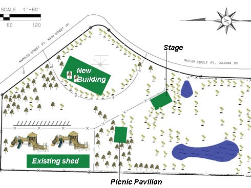A preliminary proposal for improvements to the McMahon Environmental Center includes an outdoor amphitheatre, a museum and education building, and a children's playground.