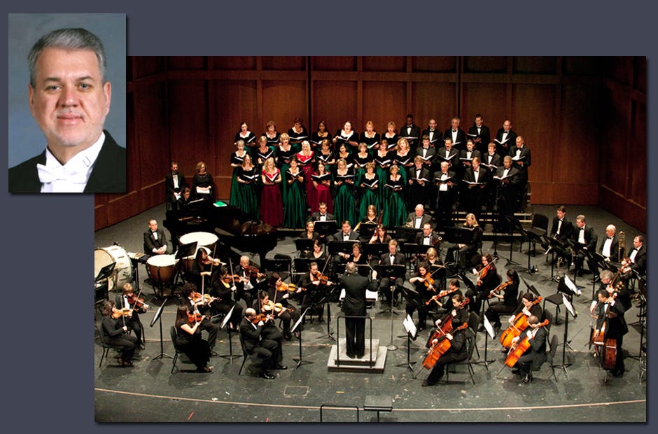 Michael Dye (top left), Niceville High School Chorale director, will assume directorship of the Northwest Florida Symphony Chorale. RIGHT: The chorale is pictured with the Northwest Florida Syphony Orchestra.